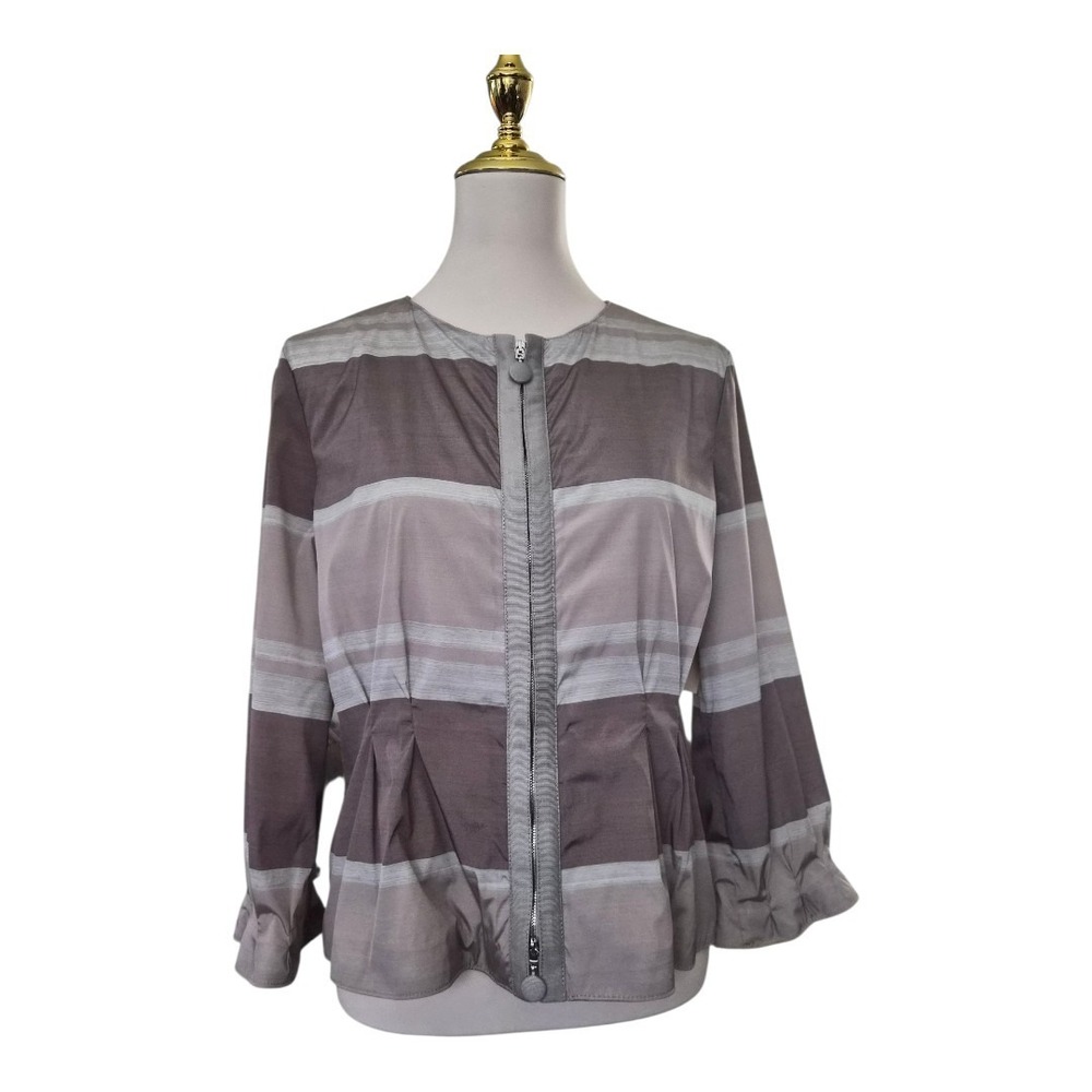 Armani Collezioni Stripe Nylon Jacket Size 8 Gray Taupe Zip Front Designer Coat